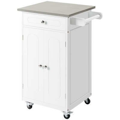 HOMCOM Chariot de service desserte de cuisine à roulettes multi-rangements 1 tiroir placard 2 portes avec étagère porte-torchons MDF blanc acier inoxydable