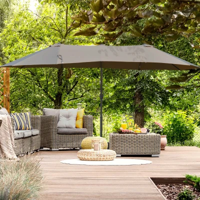 Outsunny Outdoor Patio Umbrella with Twin Canopy Sunshade Umbrella with Lift Crank Brown