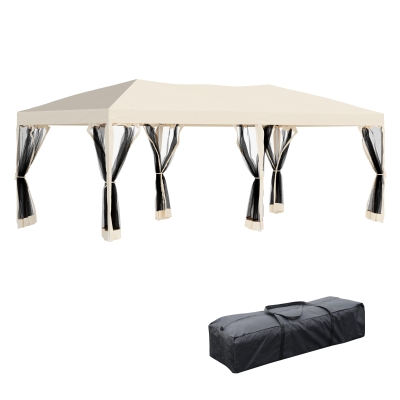 Outsunny Tonnelle Barnum Pliant Pop-up Style Colonial 5,91L x 2,97l x 2,55H m 6 moustiquaires + Sac de Transport Beige Noir