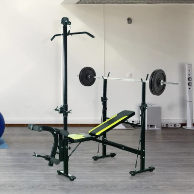 HOMCOM Banc de musculation Fitness entrainement complet dossier réglable cordes traction curler supports barre et haltères noir et jaune