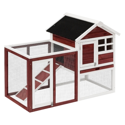 PawHut Clapier cage à lapins multi-équipé : niche supérieure avec rampe, plateau excrément, fenêtre + enclos extérieur sécurisé 2 portes 122L x 63l x 92H cm rouge brique