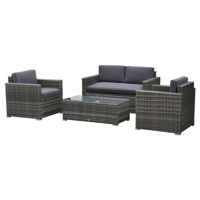Outsunny Set da Giardino 4 Pezzi in Rattan PE e Acciaio, con Divano, 2 Poltrone e Tavolino da Caffè, Grigio