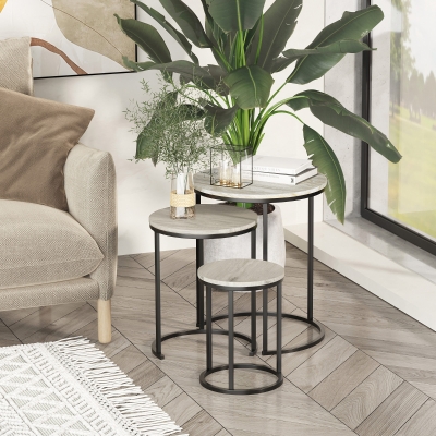 Zestaw 3 stolików HOMCOM stolik nocny dekoracyjny stolik kawowy stolik koszowy wkładane jeden w drugi w celu przechowywania MDF metal czarny + szary + biały Ø51 x 60 cm / Ø40 x 50 cm / Ø30 x 40 cm