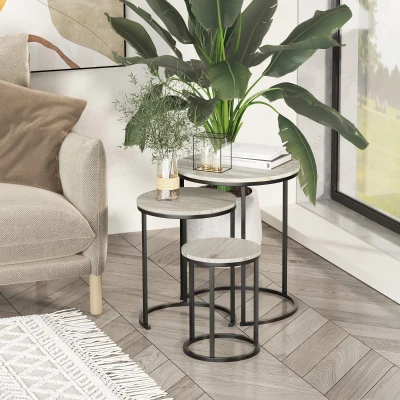 Zestaw 3 stolików HOMCOM stolik nocny dekoracyjny stolik kawowy stolik koszowy wkładane jeden w drugi w celu przechowywania MDF metal czarny + szary + biały Ø51 x 60 cm / Ø40 x 50 cm / Ø30 x 40 cm