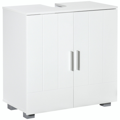 kleankin Meuble sous lavabo de salle de bain 2 portes battantes avec 1 étagère réglable, sur pied, poignées Alliage Aluminium dim. 60L x 30l x 60H cm - MDF Blanc