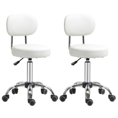 HOMCOM 2er-Set Arbeitshocker mit Rückenlehne höhenverstellbar 77-92 cm mit Rollen für Kosmetikstudios Friseursalons Kunstleder Weiß 48 x 48 x 77-92 cm