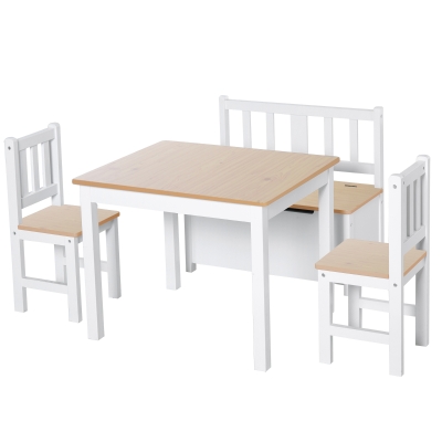 HOMCOM Kindersitzgruppe mit Kindermöbel Kindertisch Kinderstuhl Kinderbank für 3+ Jahre Kinder Kiefernholz MDF Natur+Weiß