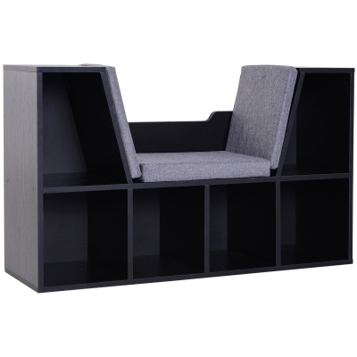 HOMCOM Bibliothèque banc 2 en 1 - 6 casiers noirs coussins inclus
