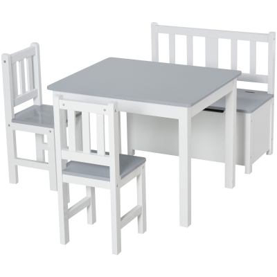 HOMCOM Kindersitzgruppe mit Kindermöbel Kindertisch Kinderstuhl Kinderbank für 3+ Jahre Kinder Kiefernholz MDF Grau+Weiß