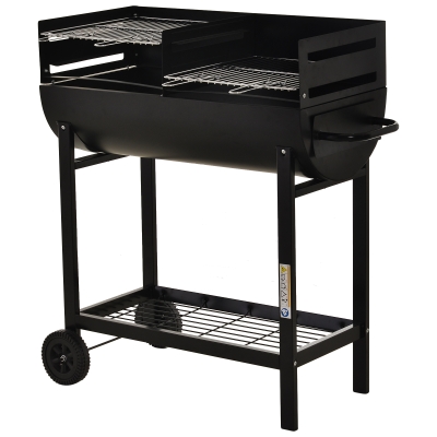 Outsunny Barbacoa de Carbón con Altura de Parrilla Ajustable para Exterior Barbacoa Portátil con Estante de Almacenaje y Ruedas 90x45x96 cm Negro