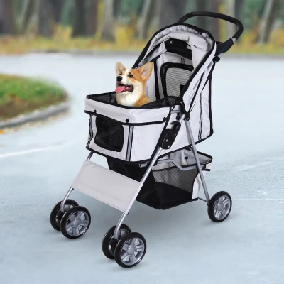 PawHut Carrinho de Passeio para Animais de Estimação Dobrável com Cesta de Armazenamento e Travão 75x45x97cm Cinza