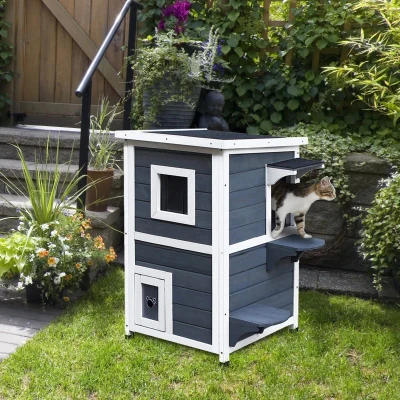 PawHut Casa para Gatos de Madeira Exterior Casa para Gatos de 2 Andares com Teto Abatível Janelas e 2 Plataformas para Terraço Balcão Jardim 51x51x81,3cm Cinza