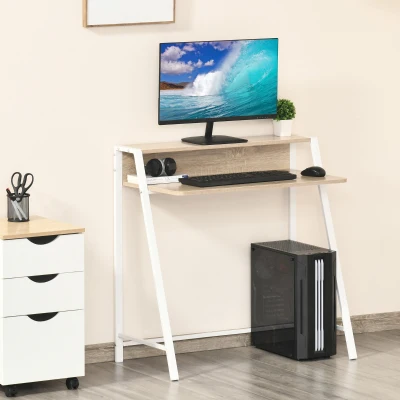 HOMCOM Writing Desk Computer Table Home Office PC Laptop Workstation Storage Shelf 84L x 45W cm White and Oak