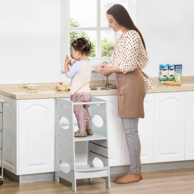 HOMCOM Kids Step Stool Toddler Kitchen Stool Learning Tower with Adjustable Standing Platform for Kids Kitchen Counter Grey
