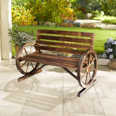 Outsunny Wooden Cart Wagon Wheel 2 Seater Garden Bench Outdoor Garden Armrest Chair Rustic High Back Loveseat