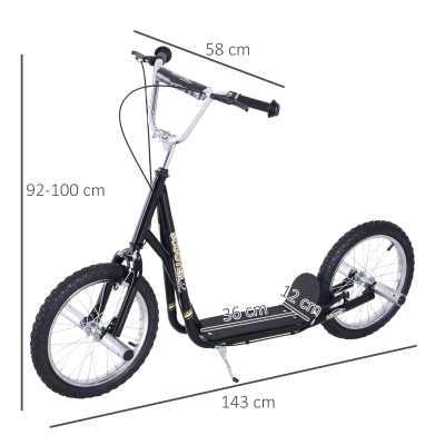 HOMCOM Trotinetă pentru Copii 5+, Trotineta cu roti mari de 16" si inaltime reglabila, frane si suport, negru