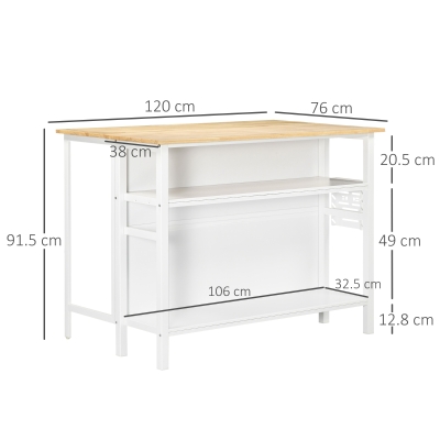 HOMCOM Insula de bucatarie cu suprafata pliabila cu 2 rafturi din lemn si otel, 120x76x91,5 cm, alb(m-3)
