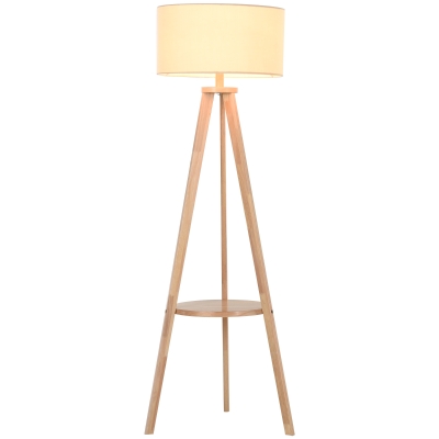 HOMCOM Stehlampe Stehleuchte Standleuchte mit zusätzlichen Regal, Kiefernholz+Stahl+Polyester, 54x54x154cm ( Natur+Cremeweiß)