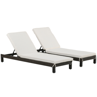 Outsunny Set 2 Sdraio da Giardino in PE Rattan Marrone con Cuscino Imbottito Crema