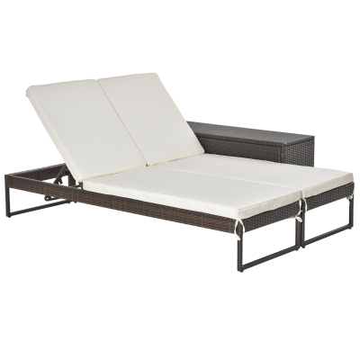 Outsunny Set 2 Lettini Prendisole con Tavolino in PE Rattan Marrone