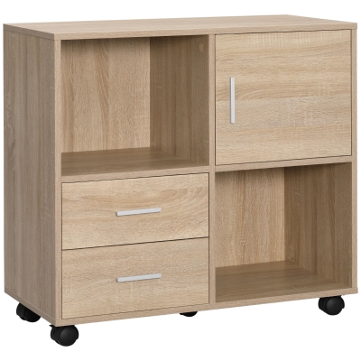 HOMCOM Druckerständer 2 Schubladen 1 Schrank 4 Rollen 80 cm × 38,5 cm × 74,5 cm Natur