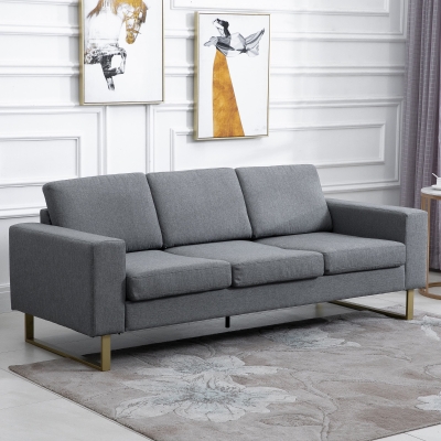 Homcom Canapea in 3 Locuri cu Perne in Tesatura de Lin Gri inchis, 200x82x78cm