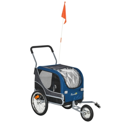 PawHut 2-in-1 Hundeanhänger Haustier Fahrradanhänger Hundetransporter Hunde Fahrrad Anhänger Oxfordstoff Atmungsaktiv Metall Oxford Gewebe Blau+Grau 122 x 58 x 74 cm