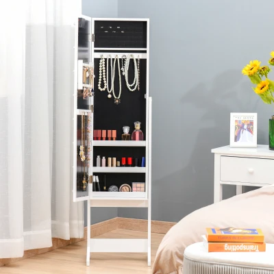 HOMCOM Free Standing LED Mirrored Jewelry Cabinet Armoire Floor Organiser W/ 3 Angle Adjustable For Rings Earrings Bracelets Cosmetics Warm White