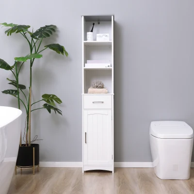 kleankin Tall Bathroom Storage Cabinet with 3 Tier Shelf, Cupboard, Drawer, Door, Freestanding Linen Tower, Slim Side Organizer, White