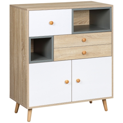 HOMCOM Sideboard im Skandi-Design 2 Schubladen 2 Regale 3 Schränke Weiß + Natur + Grau 80 cm x 40 cm x 95,6 cm