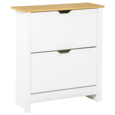 HOMCOM Schuhschrank für 12 Paar Schuhe 2 Klappen 72 cm x 26 cm x 80 cm Weiß + Natur