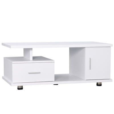 HOMCOM Couchtisch 1 Schublade 1 Schrank 3 Regale 100 cm x 50 cm x 42 cm Weiß + Silber
