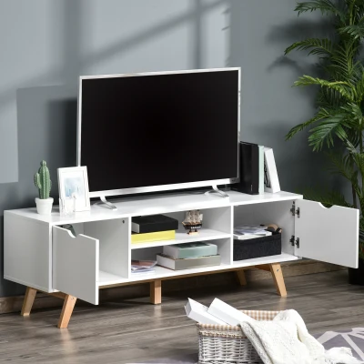 HOMCOM TV Stand Storage Cabinet Media Unit w/Wood Legs Storage Shelves Entertainment Center Modern Living Room Home Furniture White