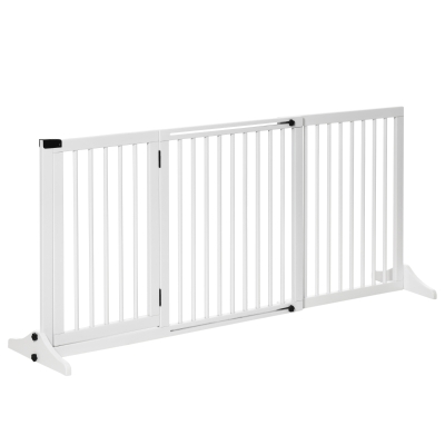 PawHut Absperrgitter Hunde Türschutzgitter Schutzgitter aus Holz Freistehendes Hundegitter mit Tür Hundeabsperrgitter Konfigurationsgitter Weiß 113-166 x 36 x 71 cm