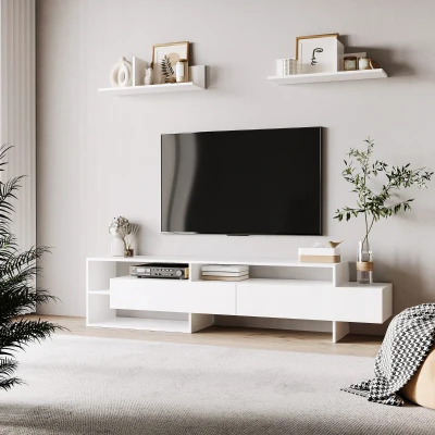 HOMCOM Móvel de TV para Sala de Estar Móvel para Televisor 180x33,5x42cm e 2 Prateleiras de Parede 65x20x20cm Branco