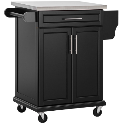 HOMCOM Chariot de service desserte de cuisine à roulettes îlot de cuisine - placard 2 portes, étagères, range couverts et condiments latéral - plateau acier inox. bois noir