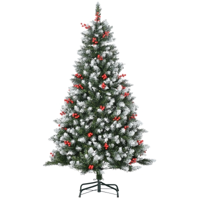 HOMCOM Sapin de Noël artificiel 553 branches enneigées avec houx + support pied pliable hauteur 150 cm vert