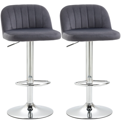 HOMCOM Lot de 2 tabourets de bar design contemporain avec repose-pieds hauteur réglable et pivotant - revêtement tissu effet velours - pied métal - gris