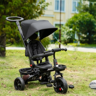 HOMCOM Dreirad mit Schubstange drehbarer Sitz 4-in-1 Kinderdreirad Kinder Fahrrad klappbar abnehmbar Kinderauto Metall EVA Schwarz 111,5 x 52 x 98 cm