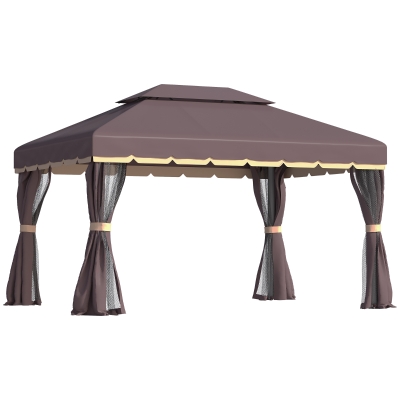 Outsunny Gazebo da Giardino 3.9x2.9m in Alluminio con Tetto Doppio, Zanzariera e Teli Laterali, Colore Caffè