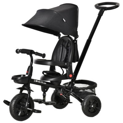 HOMCOM Dreirad mit Schubstange drehbarer Sitz 4-in-1 Kinderdreirad Kinder Fahrrad klappbar abnehmbar Kinderauto Metall EVA Schwarz 111,5 x 52 x 98 cm