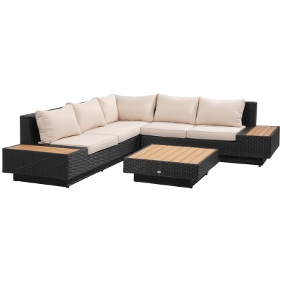 Outsunny Set da Giardino 4 Pezzi in Rattan, Divano Angolare con Cuscini e Tavolini, Nero
