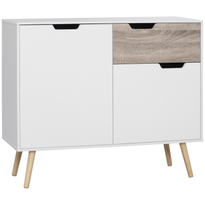 HOMCOM Buffet design scandinave 2 placards tiroir coulissant pieds bois massif pin panneaux particules blanc aspect bois - dim. 98L x 39l x 81,5H cm