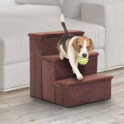 PawHut Foldable Pet Stairs, 3 Step Portable Dog Cat Ladders with Washable Fleece Faux Suede Cover, for Mobility Assistance Brown