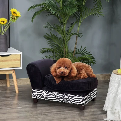 Pawhut Fabric Cat Sofa, 57x34x36cm-Black, Zebra-Stripe with Storage Box Pet Couch Pet Storage Sofa Bed