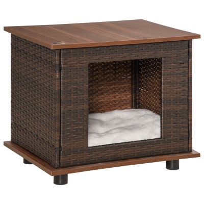 PawHut Rattan Hundehütte Hundehaus mit Kissen Hundehöhle Hundematratze Haustierbett für drinnen und draußen Spanplatte Braun 60 x 44 x 51,5 cm