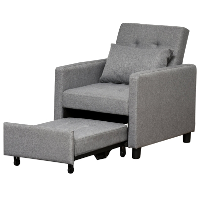 HOMCOM Sofá-cama Individual Poltrona com encosto reclinável Almofada removível Assento acolchoado e 4 rodas 69x82.5x84 cm Cinza
