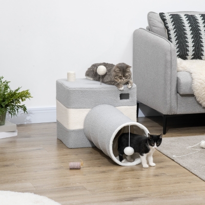 PawHut Túnel para Gatos com Caverna Túnel para Animais de Estimação com Orifício Superior e Bola Suspensa 48x95x58cm Cinza
