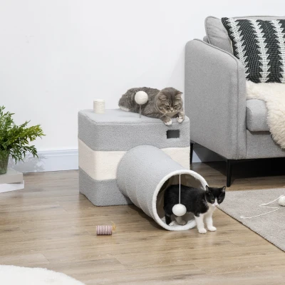 PawHut Túnel para Gatos com Caverna Túnel para Animais de Estimação com Orifício Superior e Bola Suspensa 48x95x58cm Cinza