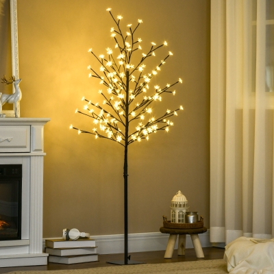 HOMCOM Árvore Cerejeira com 150 Luzes LED IP44 Branco Quente Árvore Decorativa com Ramos Flexíveis para Interior 17x17x150cm Preto